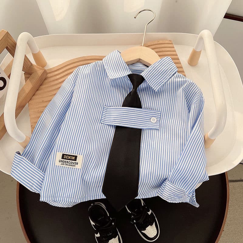 2025 New Cotton Long Sleeve Shirt Boys Striped Shirt Fashionable Lapel Top Blue Versatile Trendy Korean Wholesale