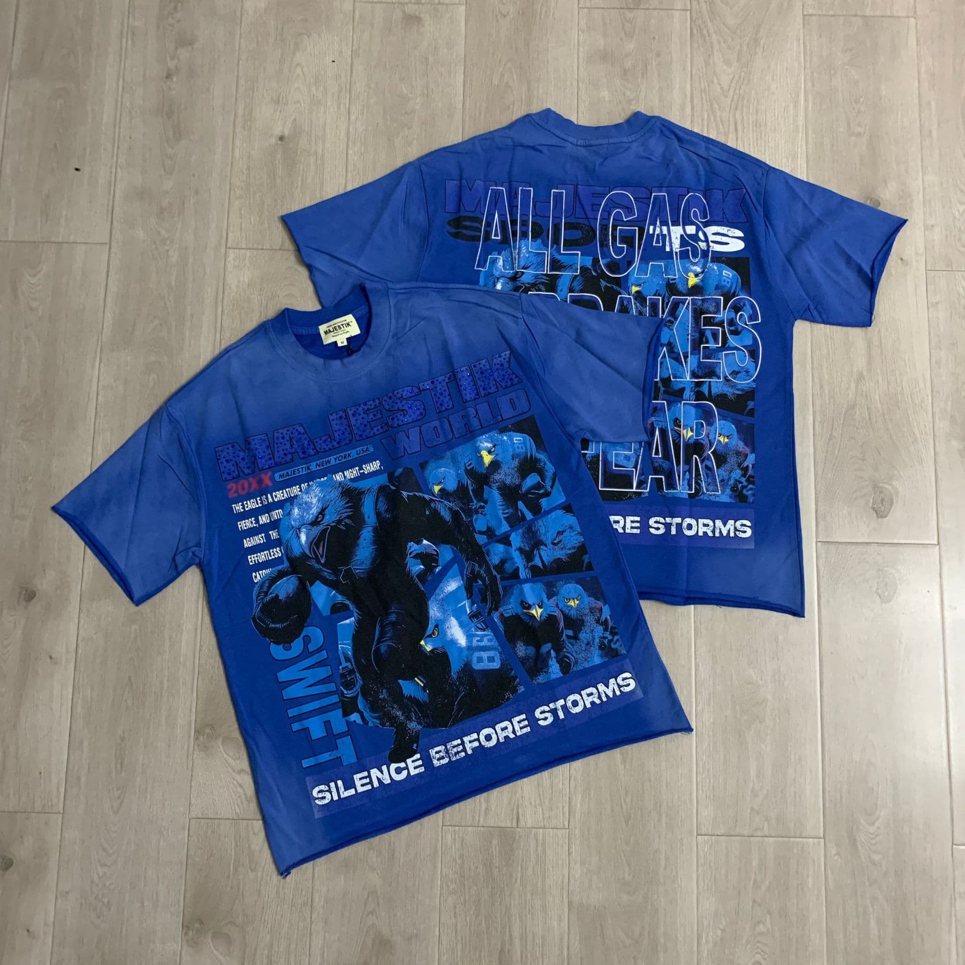 American retro street alien monster printed short-sleeved blue high street distressed casual T-shirt for men and women