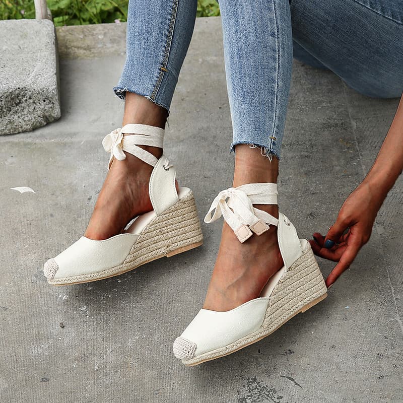 Cross-border Trade Autumn New Plus Size Fashion Wedge Heel Front and Back Tie Toe-Covered Sandals