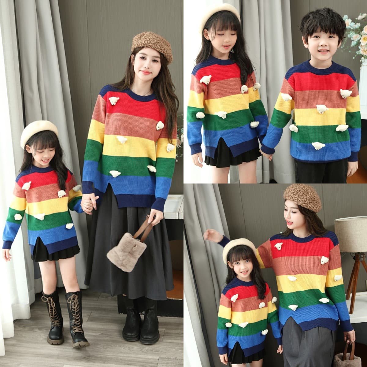 Rainbow Sweater Korean Style Cartoon 3D Bear Parent-child Outfit Thick Version Family of Three Four Kids Family Set