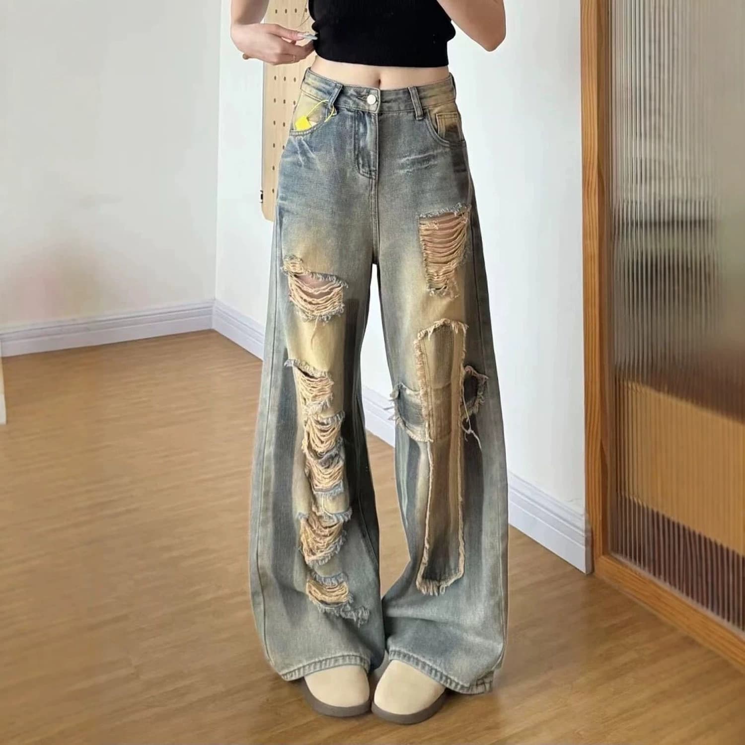 Retro street patch ripped jeans for women, summer thin wide-leg pants, loose design, distressed floor-length beggar pants