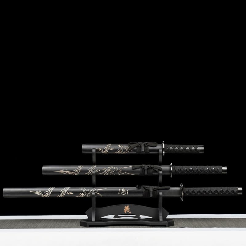Longquan Katana Japanese Carbon Steel Tang Straight Sword Curved Sword Cold Weapon Display Collection Three-Piece Set Unsharpened