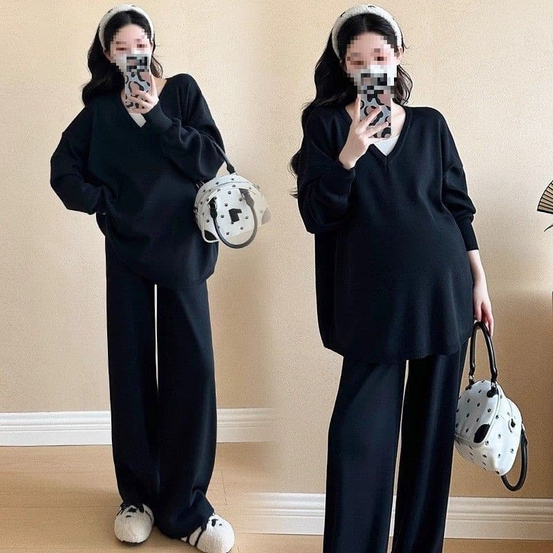 Maternity Autumn Outfit Set, New Stylish Fashionable Fall Fake Two-Piece Top, Lazy Style Two-Piece Set