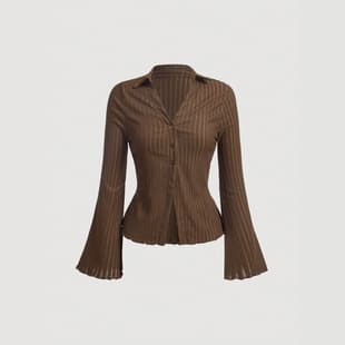 6974 Brown Button-Front Long-Sleeve T-Shirt with Ruffle Sleeve Details and Scalloped Hem Women's Blouse