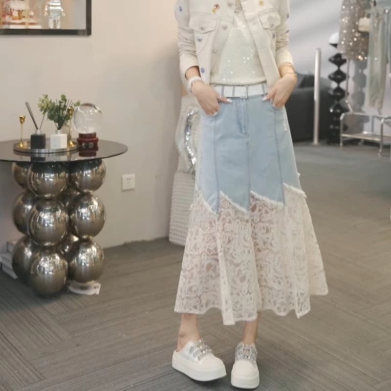 Women's Denim Mermaid Skirt Summer New Fashionable Irregular Lace Tulle Skirt Mid-Length