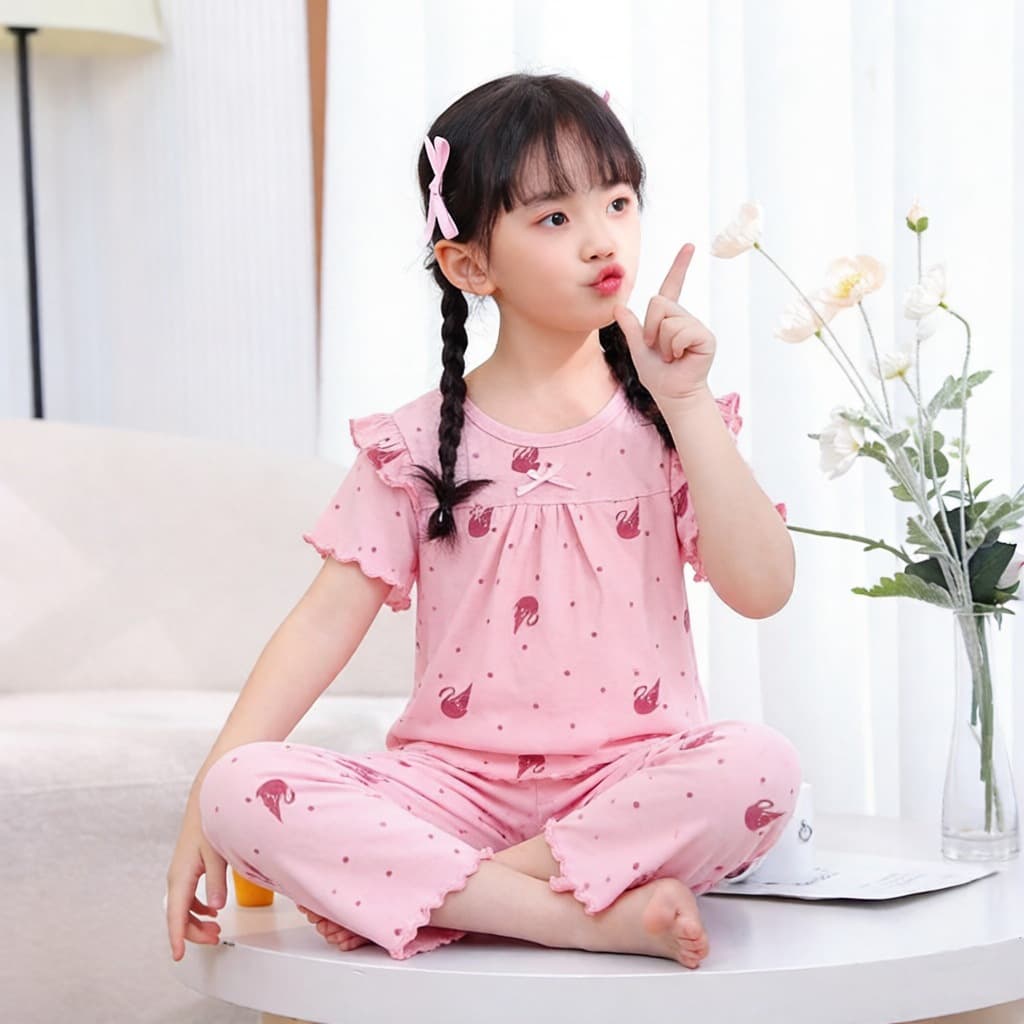 Summer short-sleeved children's pajamas set, girls' air-conditioned clothes, baby clothes, medium and large children's clothes, modal two-piece set