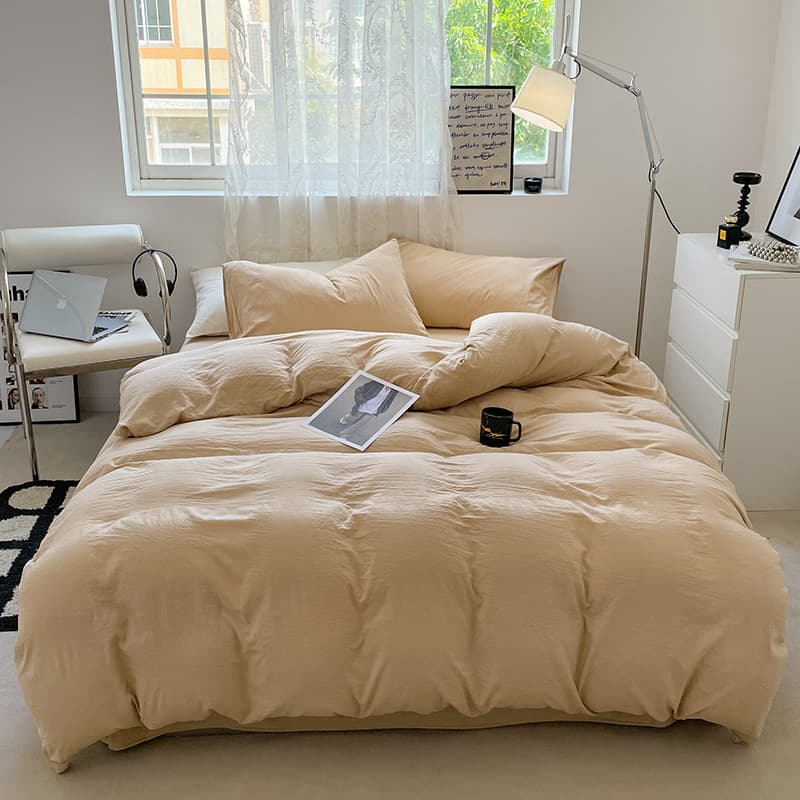 Japanese Pure Color Ultra-Soft Washed Cotton Bedding 4-Piece Set, Muji-Style Flat Sheet, Duvet Cover, Pillowcases, Student Dormitory 3-Piece Set