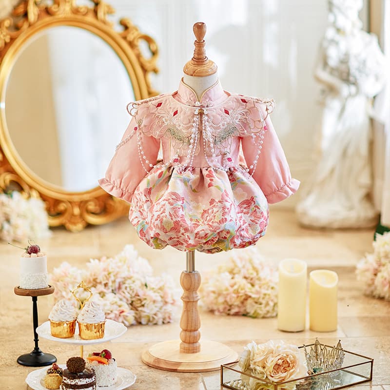Pink baby girl one-year-old dress 2026 new girl's birthday 100-day banquet, Tang suit, long-sleeved crown