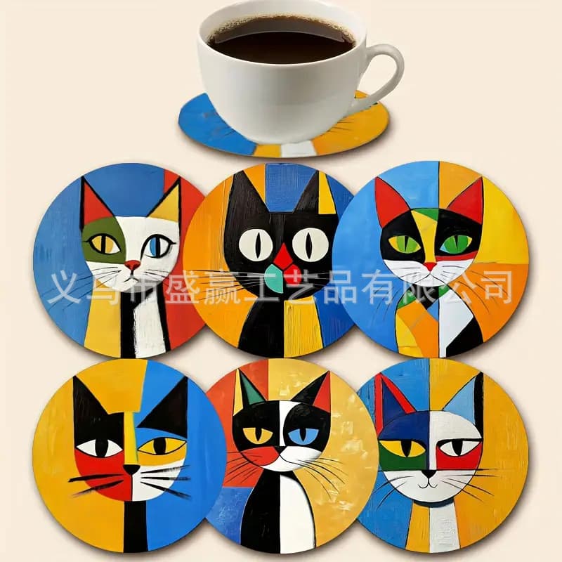 New Cross-Border Colorful Abstract Cat Art Wooden Coaster Set for Beverages, Tea, and Coffee Cups, Wholesale Multiple Styles