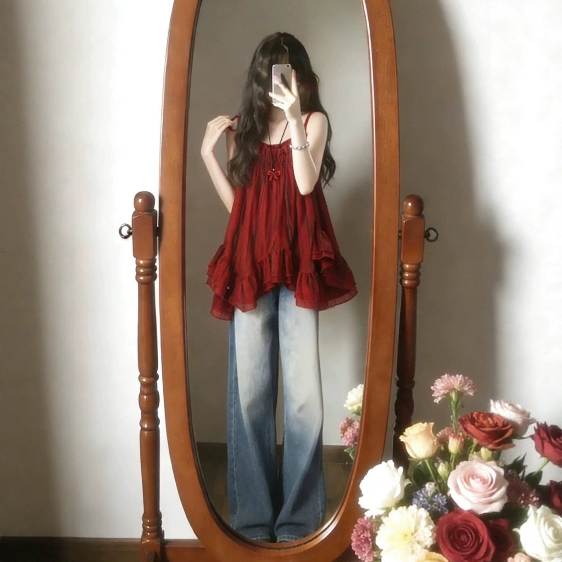 Korean fashionable high-end temperament red suspender shirt for women summer new casual dopamine wear pullover top