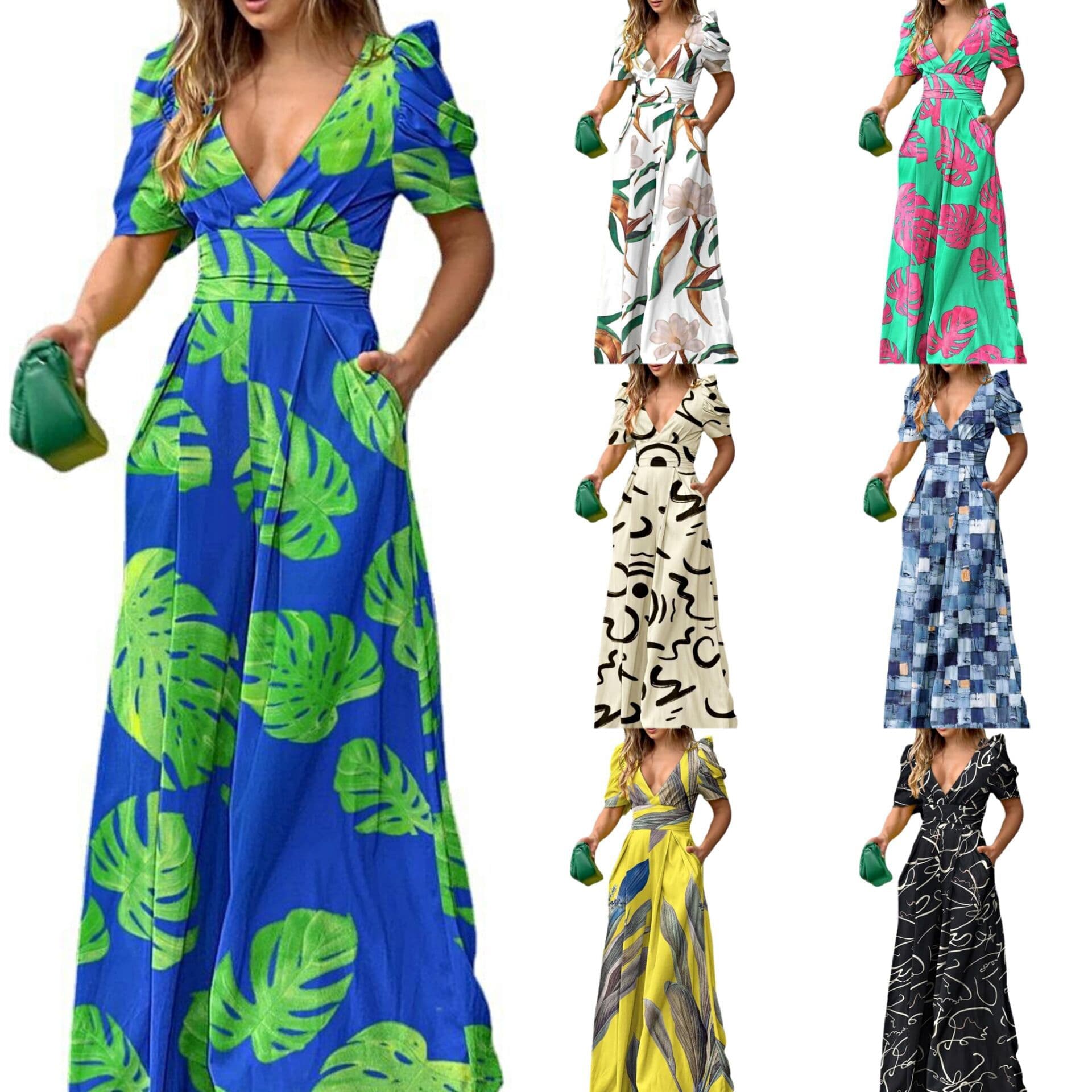 Amazon eBay Export 2023 Spring/Summer New Europe America Fashion V-Neck Waist-Cinching Printed Wide-Leg Jumpsuit