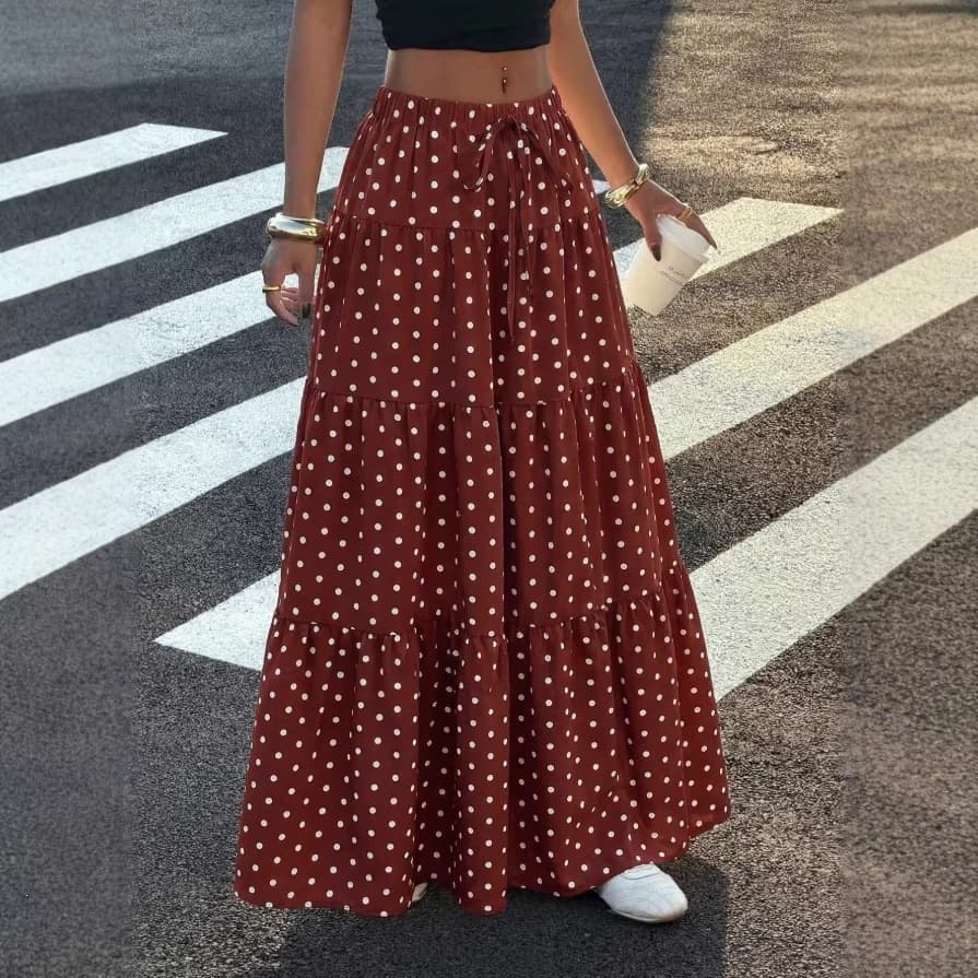2026 Women's White Large Hem Ruffle Polka Dot A-Line Tie Waist Skirt 2026 Spring Skirt
