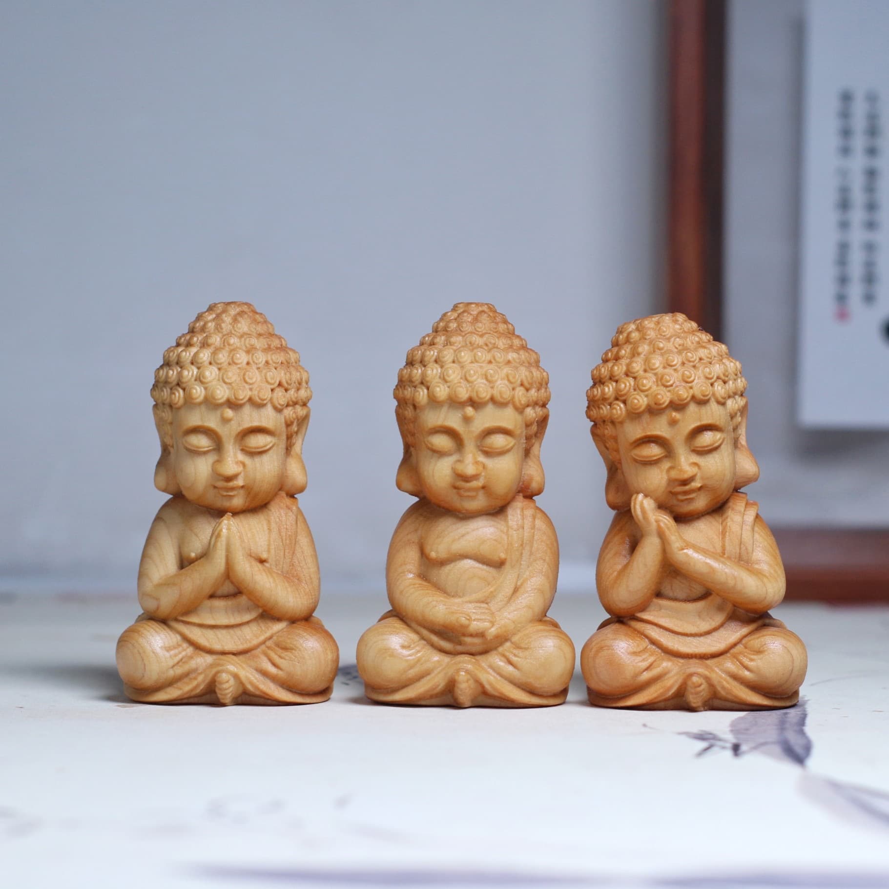 Cypress Wood Carving Q-version Buddha Statue, Little Novice Handpiece, Taihang Solid Wood Baby Buddha Home Craft