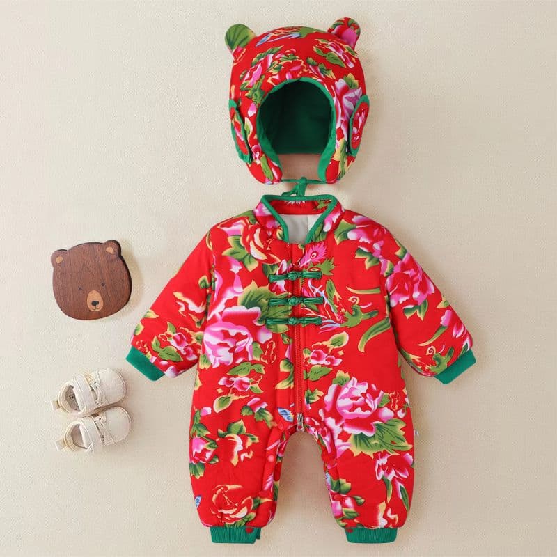 Newborn Baby Romper Winter Outfit Girls Northeast Chinese Floral Cotton Padded Thick New Year Outwear