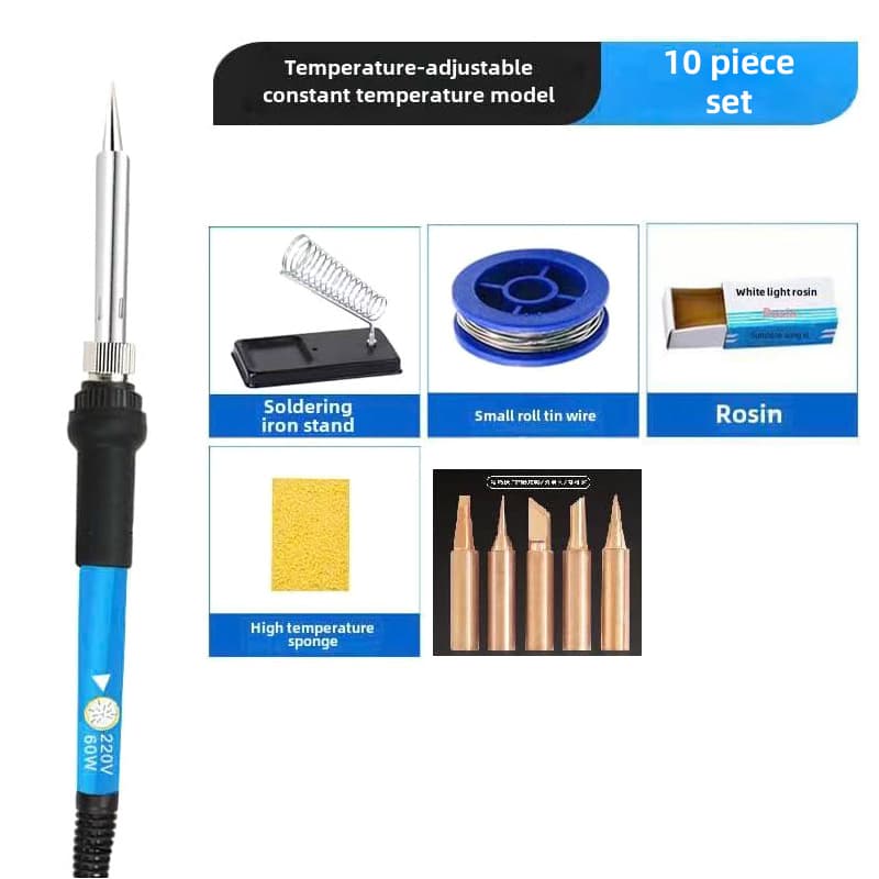 220V internally heated adjustable temperature soldering iron 10-piece set, 60W with constant temperature control, compatible with Chinese, British, and European standards.