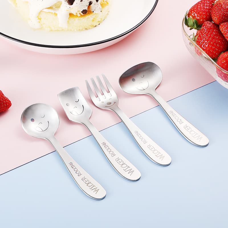 304 Stainless Steel Small Spoon Children's Utensil Set, Thick Slanted Handle with Sandblasted Creative Laser Smiley Face