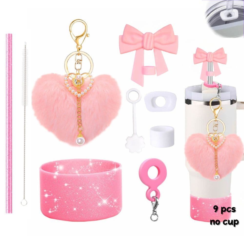 Stanley Cup Accessories Leak-Proof Silicone Straw Cap, Bow Straw Topper, Heart Pom Pom Keychain, Cup Chain, Cup Sleeve