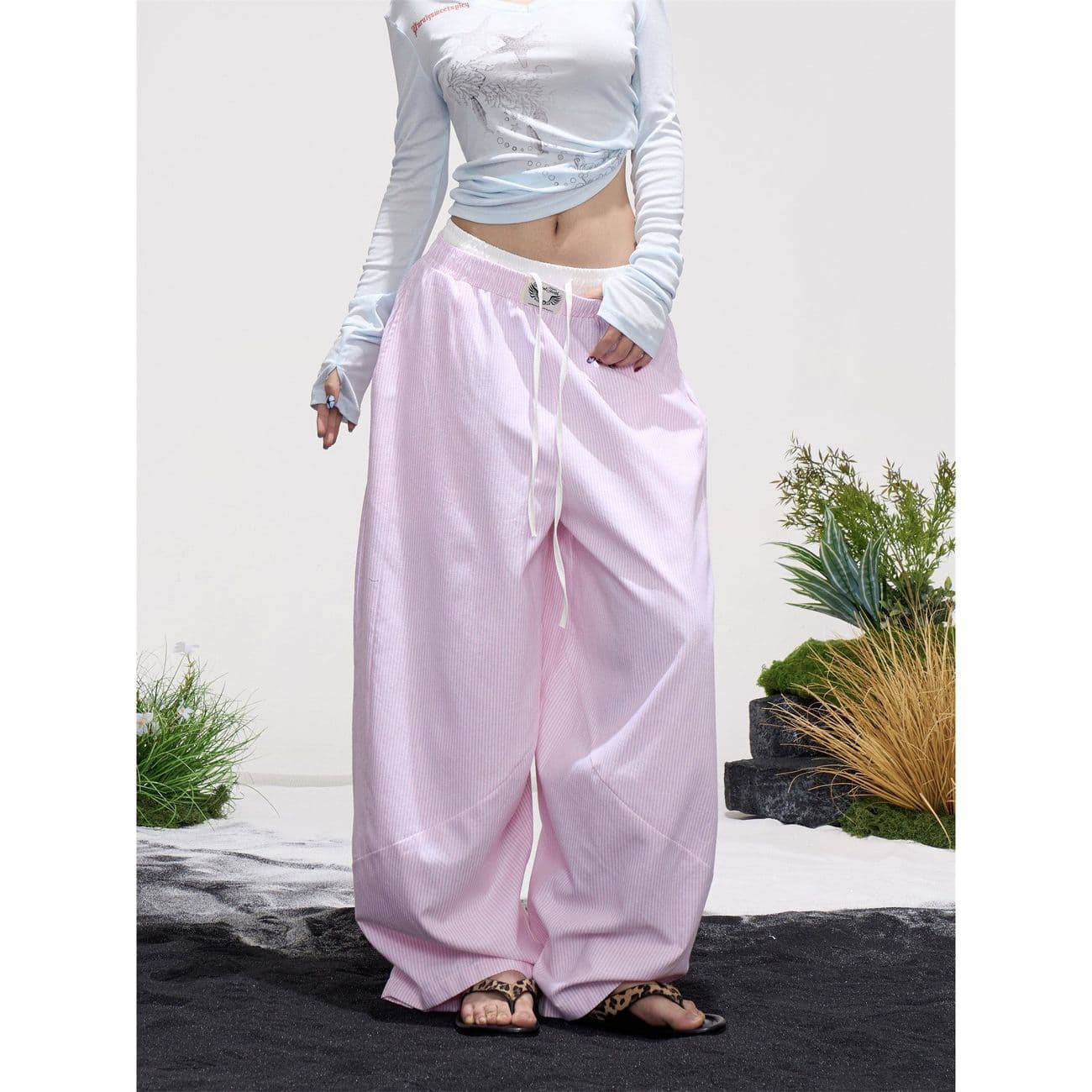 American-Style Double-Waist Pink Wide-Leg Casual Pants for Women, Summer Thin Drawstring Loose Drape Lazy Style Striped Pants