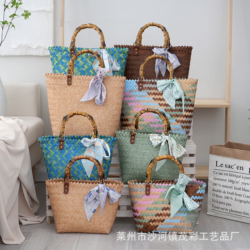 Retro PP Bamboo Handle Woven Bag Women's Fashionable Casual Simple Handbag Vegetable Basket Souvenir Tote Bag