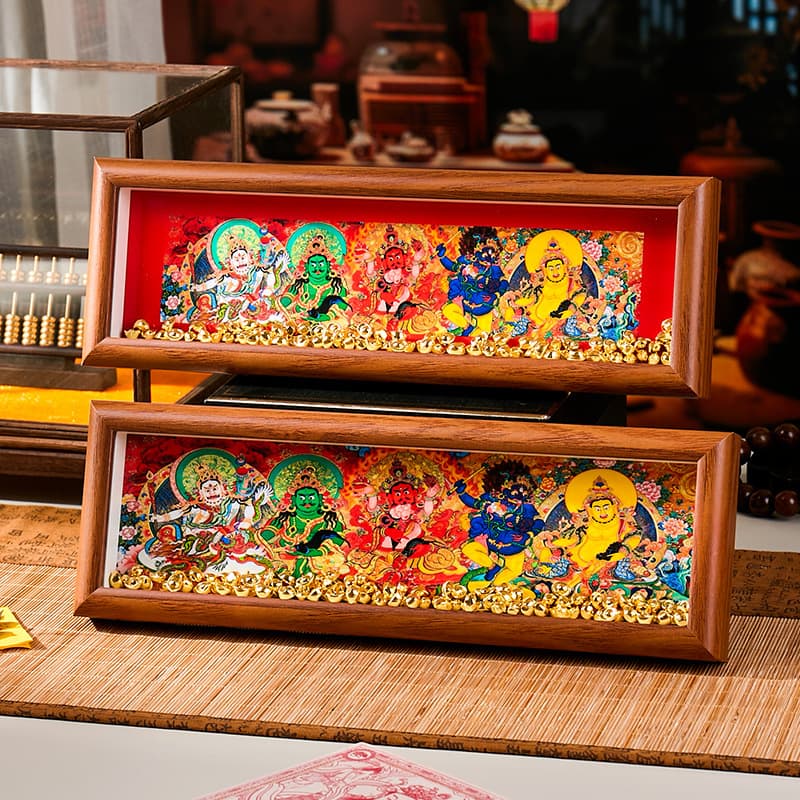 Buddhist five-way God of Wealth thangka hand-painted Tibetan style fortune-seeking cultural and creative ornaments Regong Zhengwei partial wealth Five-color God of Wealth wholesale