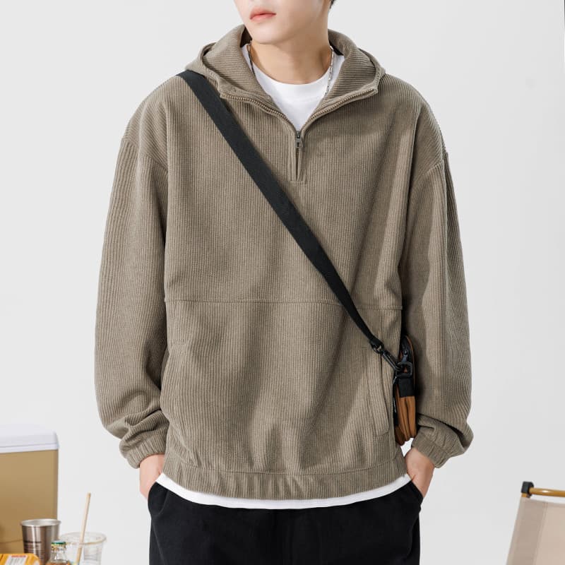 Half-Zip Sweatshirt Men's Hooded Autumn Winter New Japanese Heavyweight Loose Solid Color Hoodie Jacket Men's and Women's Couple Clothing