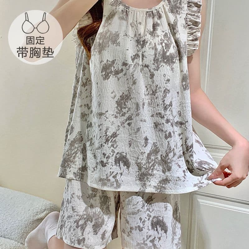 Summer Cross-Border EU/US Cloud Cotton Sleepwear Vest with Fixed Pads Set, Loose Plus Size Pajamas