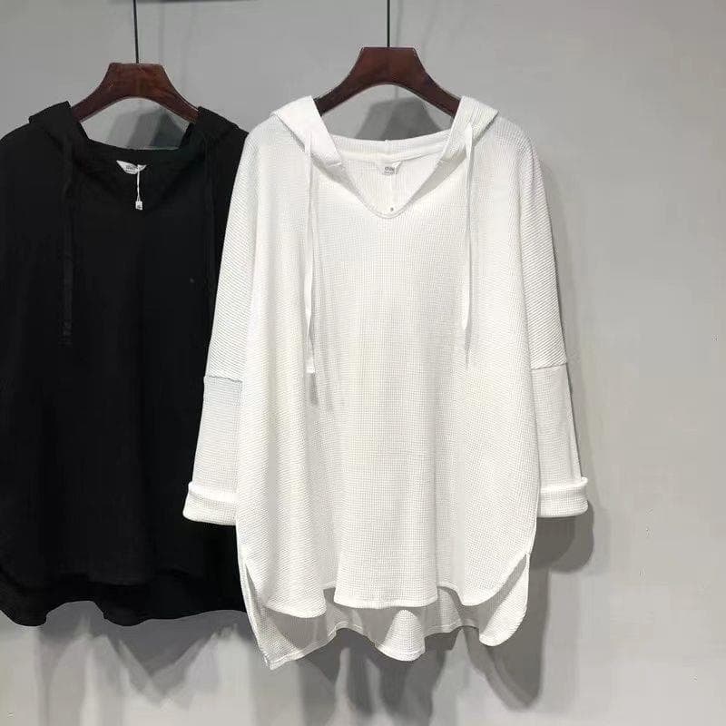 Extra large size fat mm design irregular hooded long-sleeved T-shirt women's spring design loose flesh-covering top
