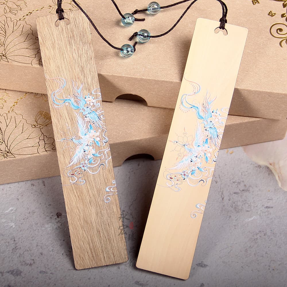 Painted White Phoenix Bookmark - Phoenix Dance in the Sky, Ethereal Bookmark, Gold-Wired Nanmu and Boxwood, Chinese-Style Cultural Creative, Customizable Engraving