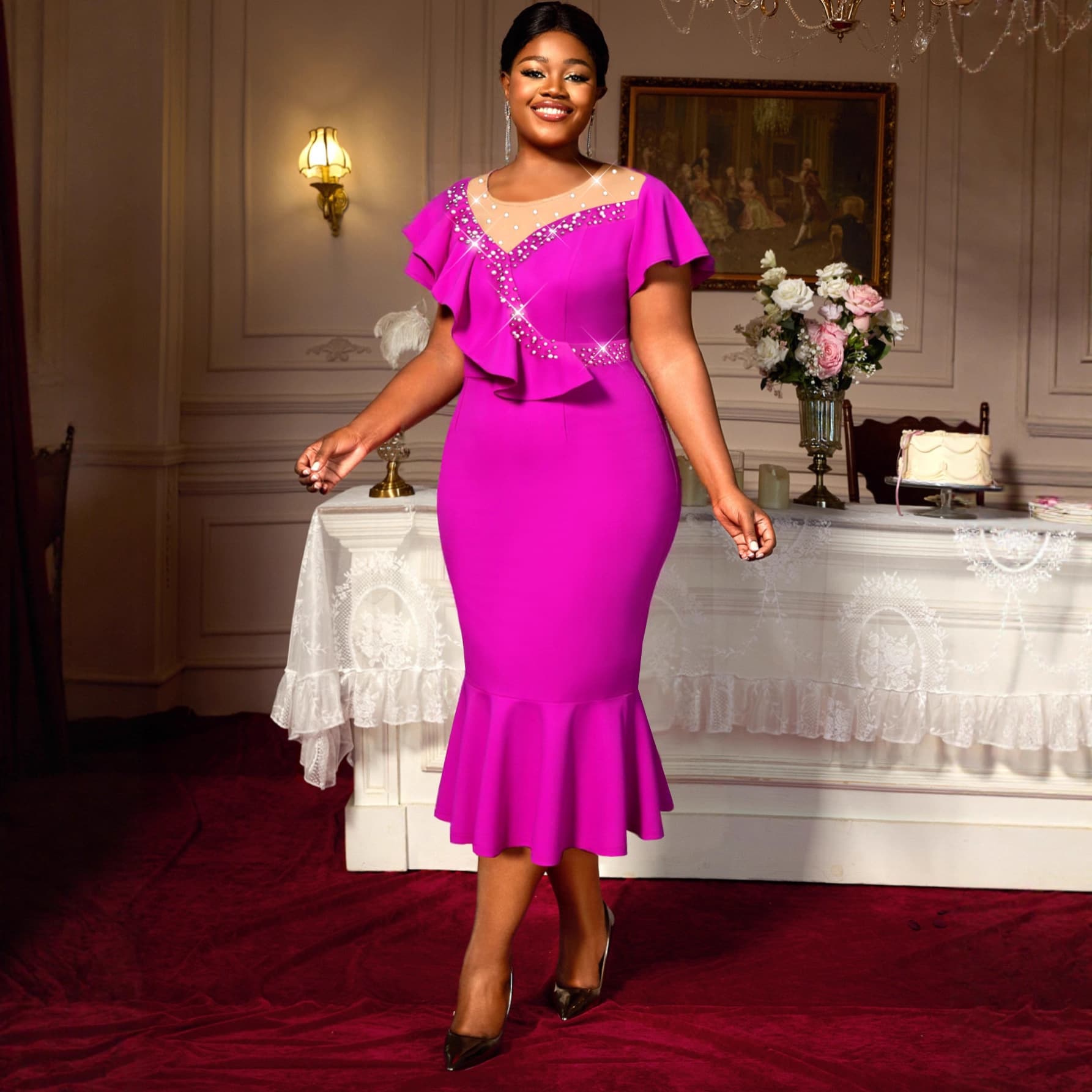 European and American Plus Size Women's Ruffle Mesh Patchwork Dress, Rhinestone Elegant Bodycon Dress Dresses