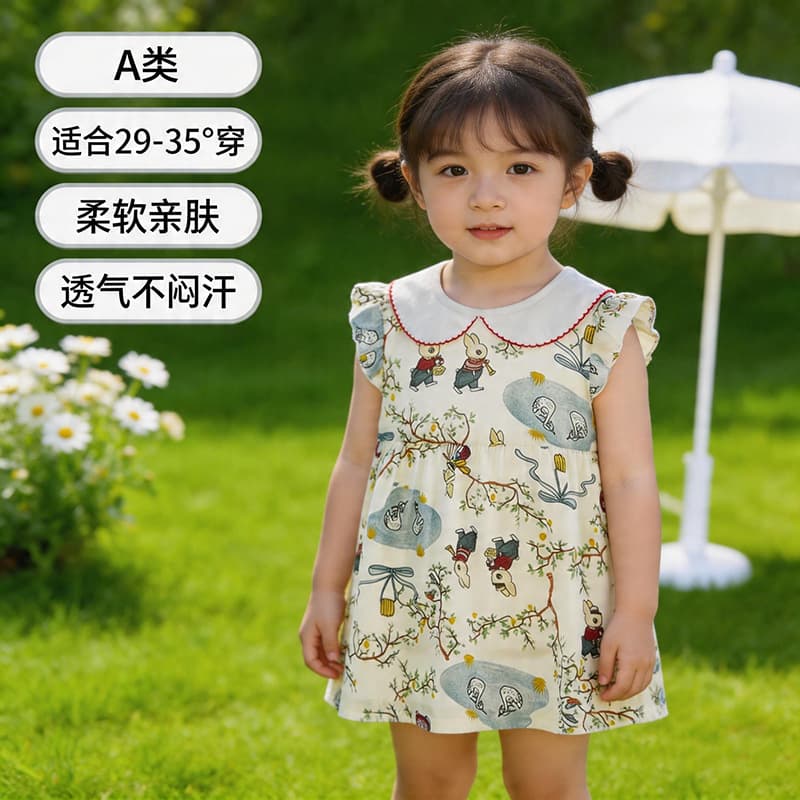 Children's Pure Cotton Baby Turn-Down Collar Dress A-Class Summer Style, Drawstring Baby Dress for Girls, Baby Princess Dress