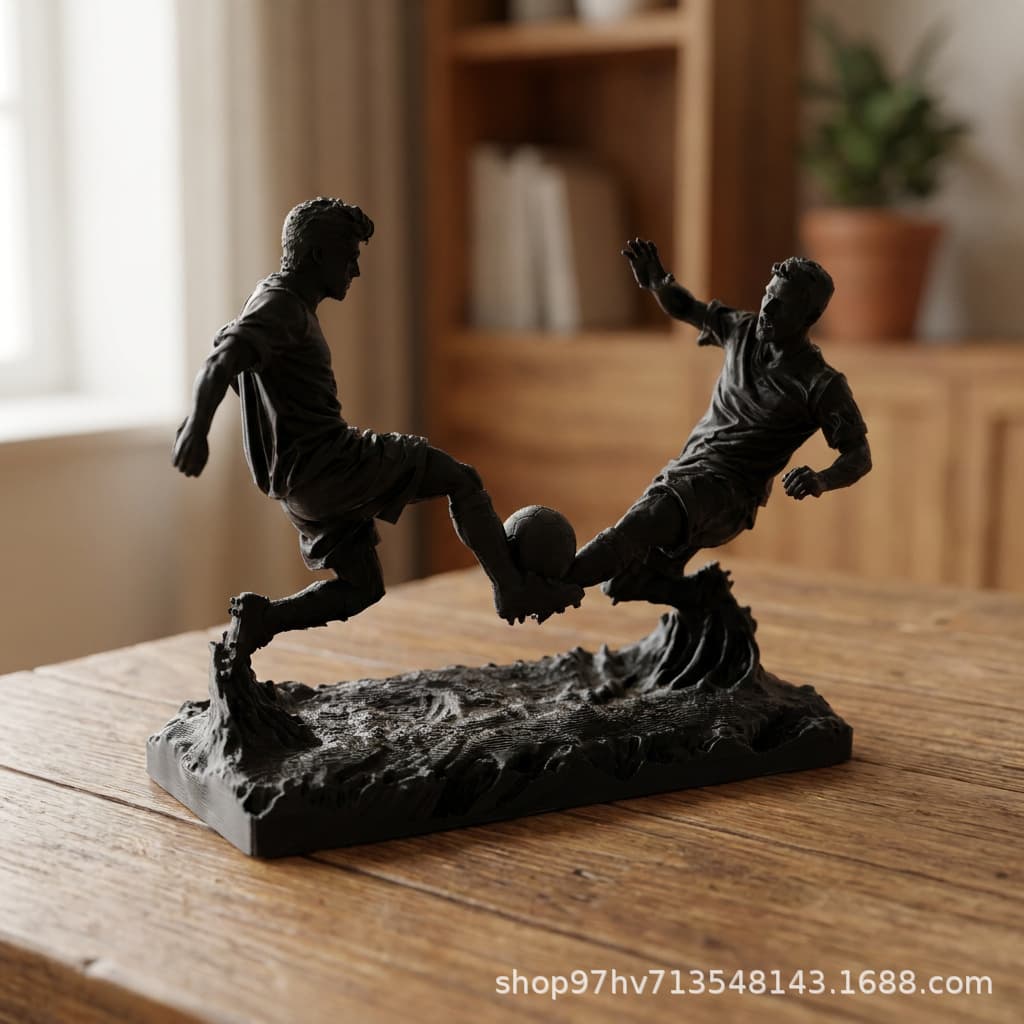 3D Printed Football Player Figurine - Black Sandstone Football Character Sculpture, Fan Study Room Soft Decoration Craft