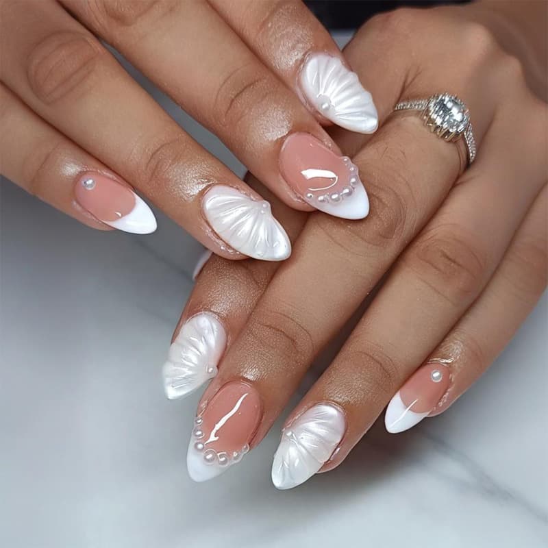 30pcs Cross-Border Hot Selling Press-On Nails, 3D White French Pearl False Nail Tips, Almond Shape