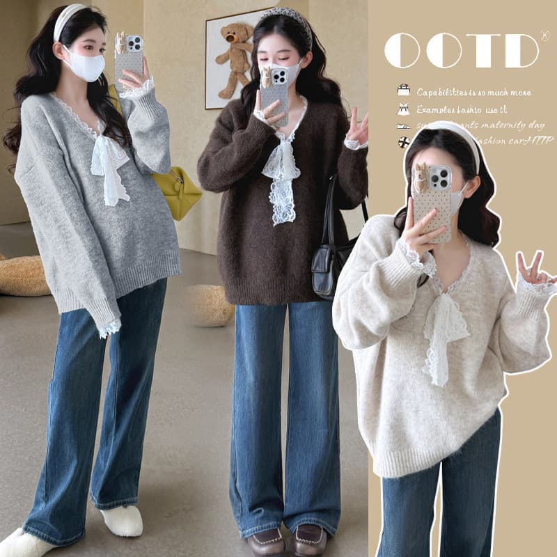 Lace Trim Maternity Wear Autumn/Winter Fashion New Maternity Top Mid-Length Stylish Loose Long Sleeve