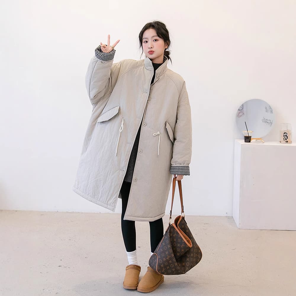 New autumn/winter maternity warm mid-length cotton coat, Korean style, stand collar, loose fit, thickened casual maternity jacket.