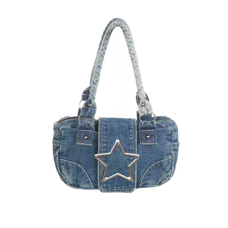 US/EU Fashion Retro Metal Five-Point Star Decor Denim Handbag for Women, Versatile Washed Distressed Shoulder Bag