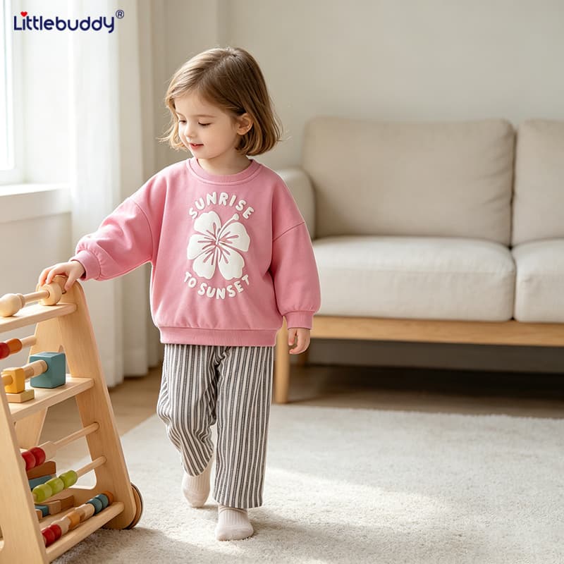 Cross-border girls spring and autumn pink foam flower sweatshirt set vertical striped wide-leg pants two-piece set children's home clothes
