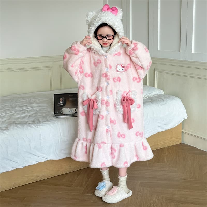 Girls' Coral Fleece Pajamas Hooded Long Nightgown Thickened Winter Sweet Princess Sleep Dress Wearable Loungewear