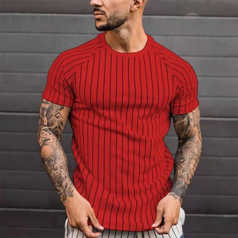 2024 European and American Foreign Trade Cross-Border New Men's Casual Round Neck Striped Short Sleeve Printed Long Pullover Men's T-Shirt
