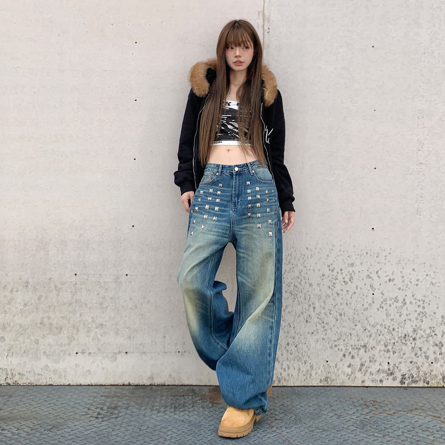 American High-Street Rivet Design Jeans for Women 2026 Spring New Straight-Leg Loose High-Waist Slimming Wide-Leg Pants