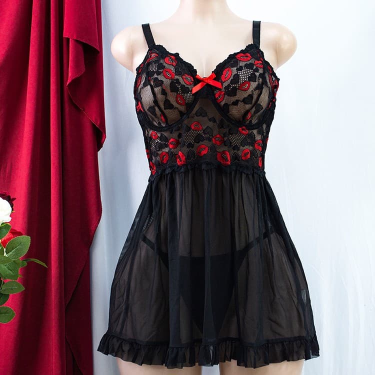 Amazon Cross-border Europe and America Lace Embroidery Sexy Plus Size Camisole See-through Lips Babe Lingerie Sleep Dress