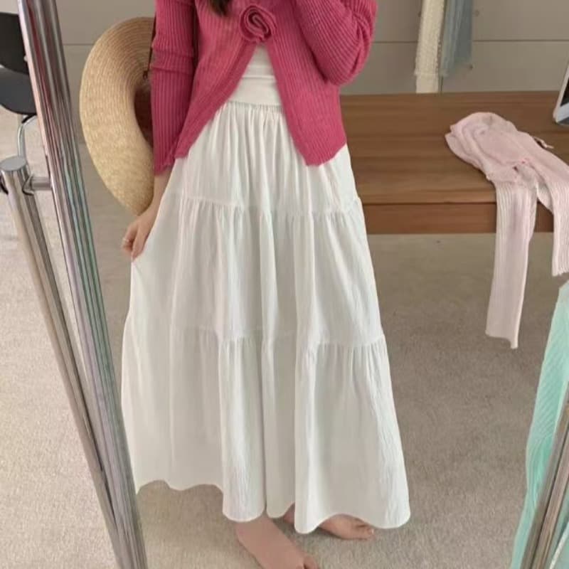 French gentle style white skirt spring and summer Korean style loose high-waist temperament A-line mid-length skirt for women