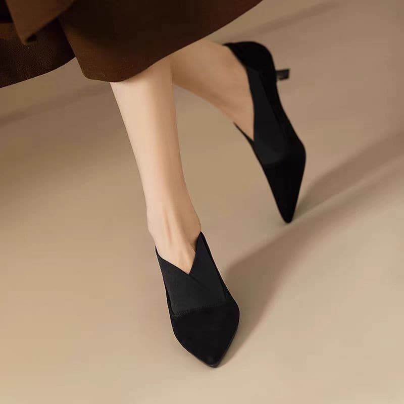 French Retro Pointed Stiletto Heel Ankle Boots 2024 Autumn and Winter Kitten Heel Ankle Boots Stitching Stretch Deep Mouth High Heels for Women