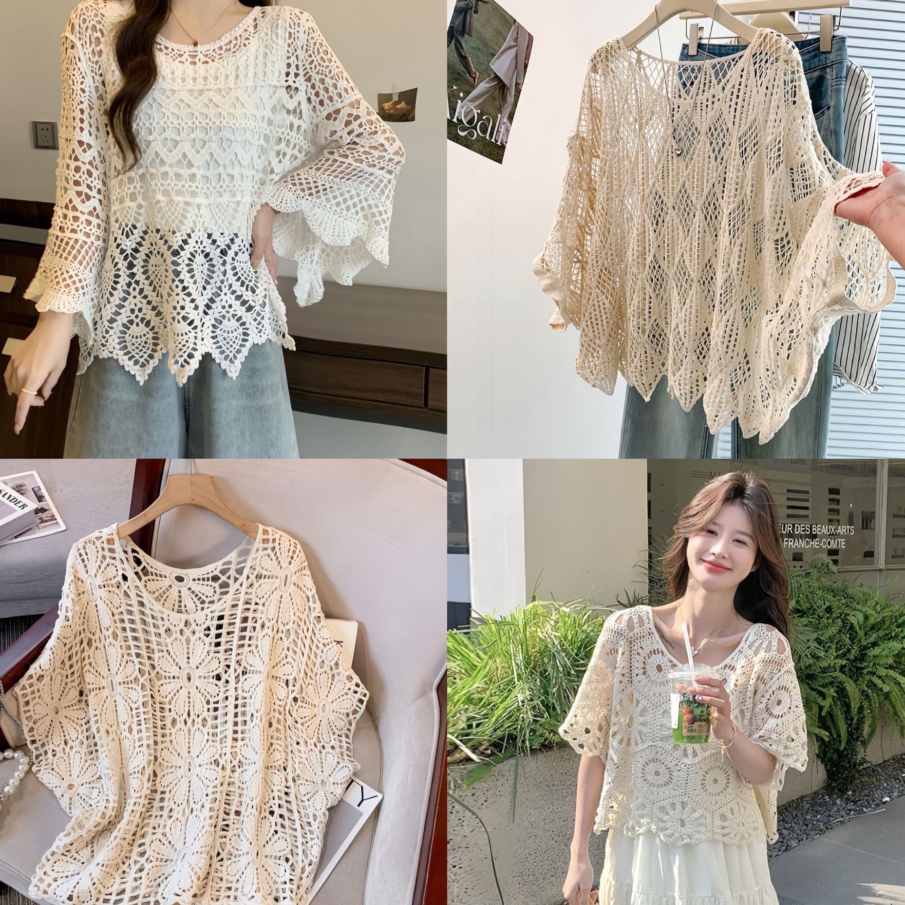 New Summer Vacation Style Crochet Lace Knit Cardigan Seven-Sleeve Outerwear Beach Cover-Up Women's Jacket Top
