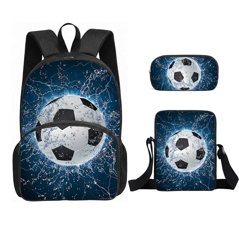Football Print Backpack Set with Front Pocket, Lunch Bag, and Pencil Case - Cartoon School Backpack for Kids, 3-Piece Set