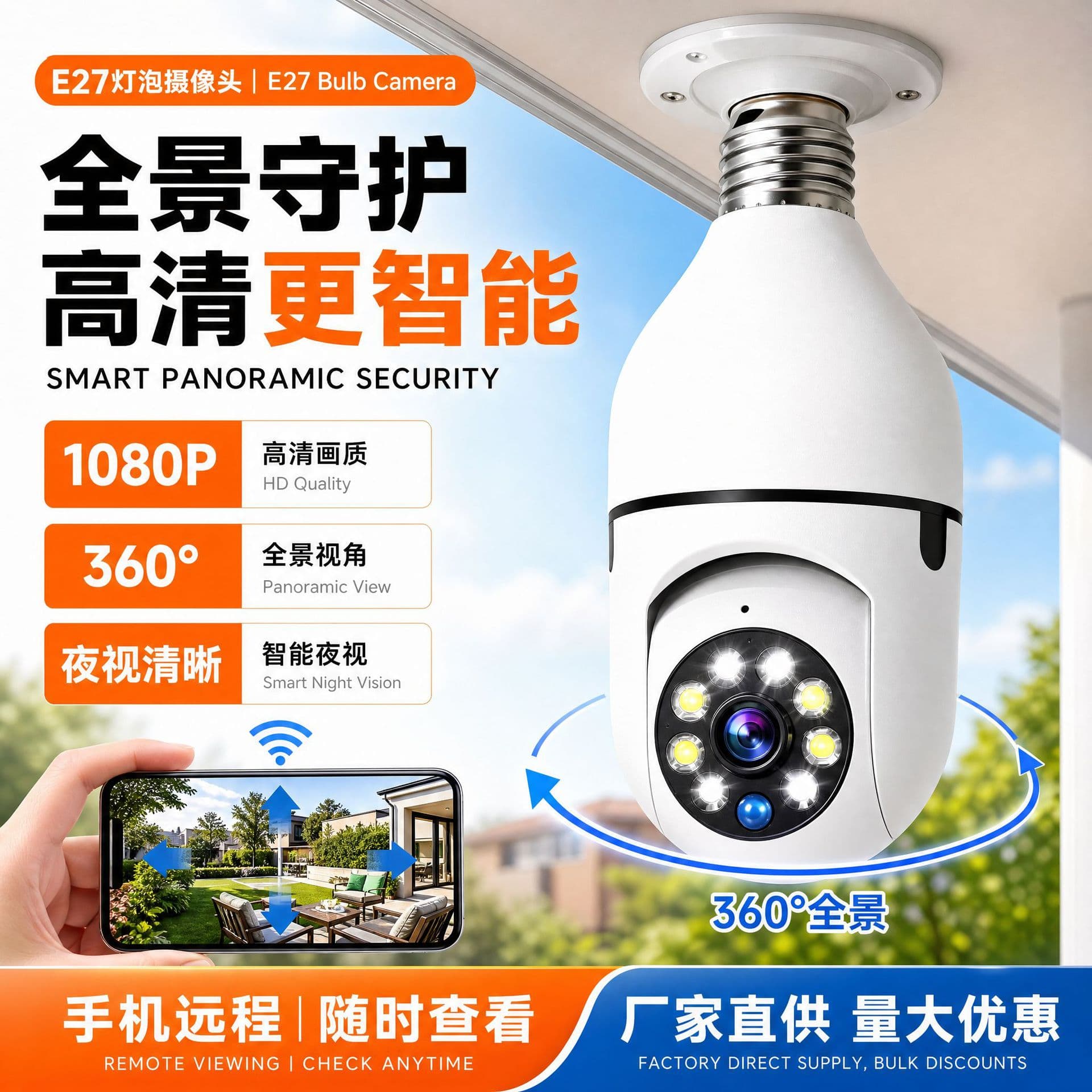 HD E27 Bulb Security Camera Factory Direct 1080P Indoor Outdoor Panoramic Smart Night Vision Surveillance Camera