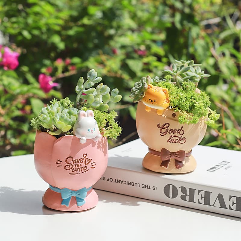Creative Resin Succulent Planter Cartoon Cute Pet Home Office Decorative Flower Pot Simple Green Plant Desktop Ornament