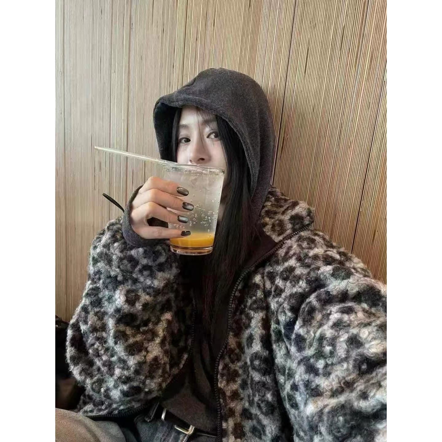 2025 Winter New Korean Dongdaemun Retro Loose Leopard Print Faux Fur Stand Collar Zip-Up Jacket