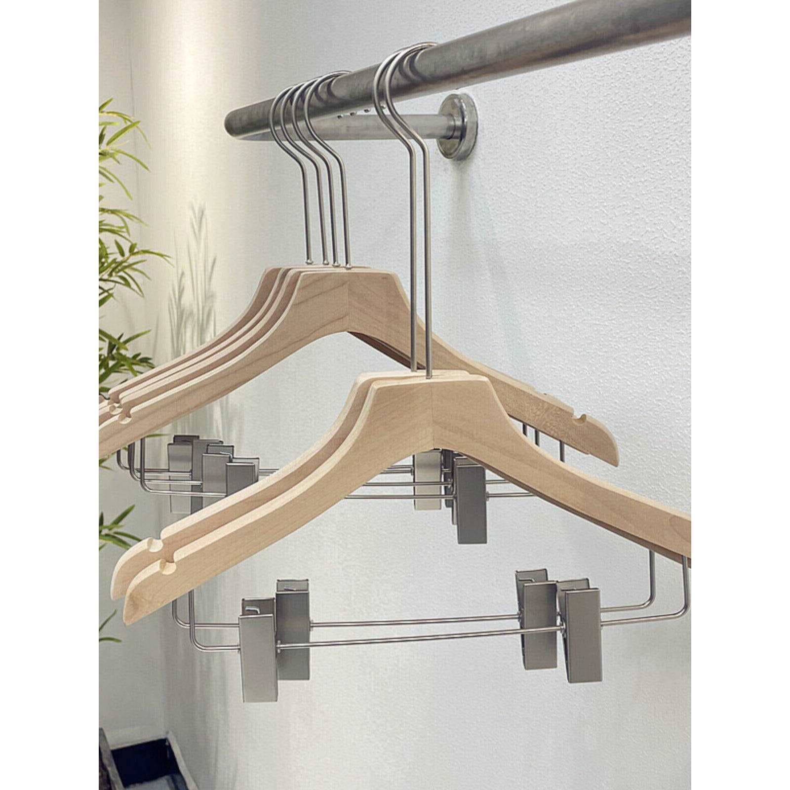 Solid Wood Clothing Store Integrated Hanger Set for Children's and Women's Clothing, Natural Wood Color, Anti-Slip Wooden Hanger and Pants Rack