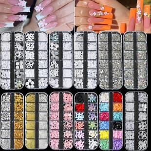 12 Grid Nail Art Decoration Mixed Styles Mixed Pearl Love Heart Bowknot Flat Bottom Round Diamond Nail Set Box Wholesale