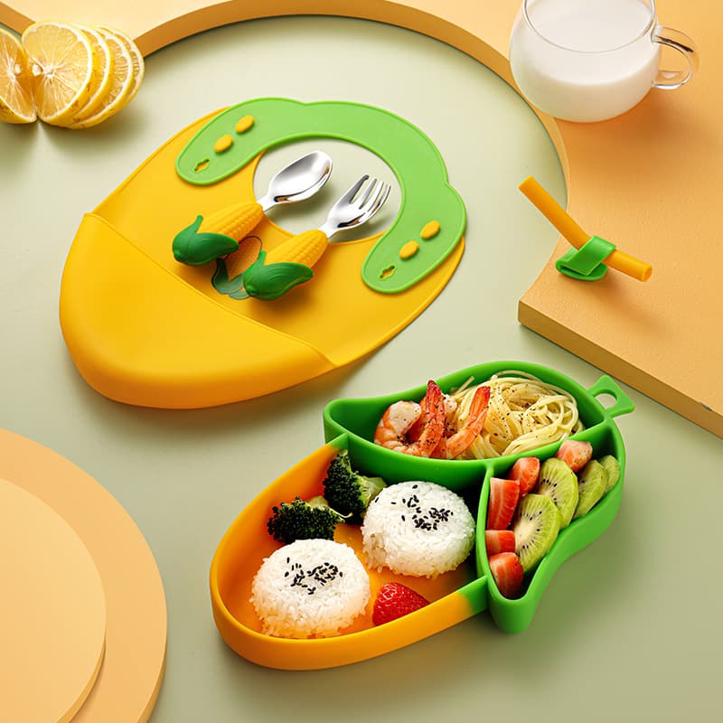 Cross-Border Bestseller Kids Silicone Divided Plate with Fork, Spoon, and Bib, Cartoon Anti-Drop Suction Bowl for Baby Feeding